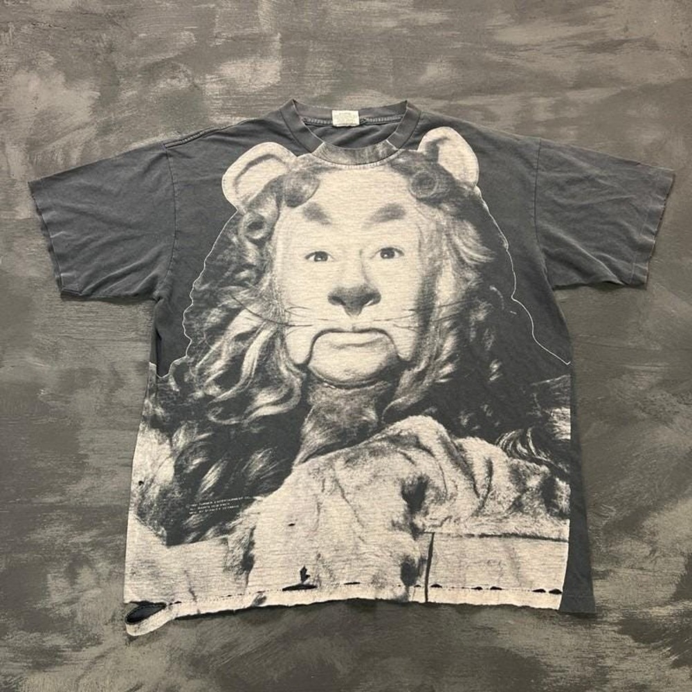 Vintage Wizard Of Oz Cowardly Lion Shirt XL Black 1990s AOP Stanley‎ DeSantis